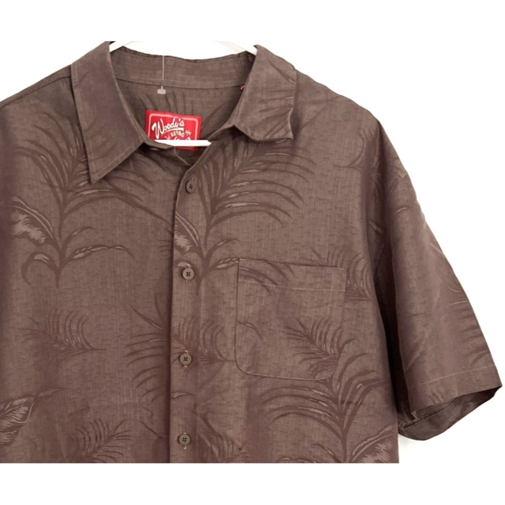 Woodys Retro‎ Lounge Shirt Mens XL Brown Palm Leaf Hawaiian Button Up Casual